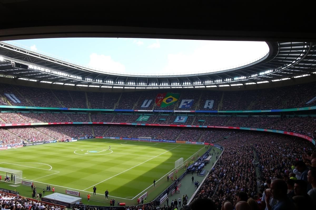 A Brazilian football stadium with banners from betting sponsors visible during a live match with a energetic crowd.