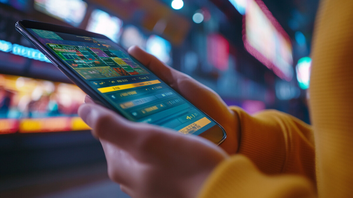 A close-up of a mobile sports betting app displaying data and betting slips in a live urban setting.