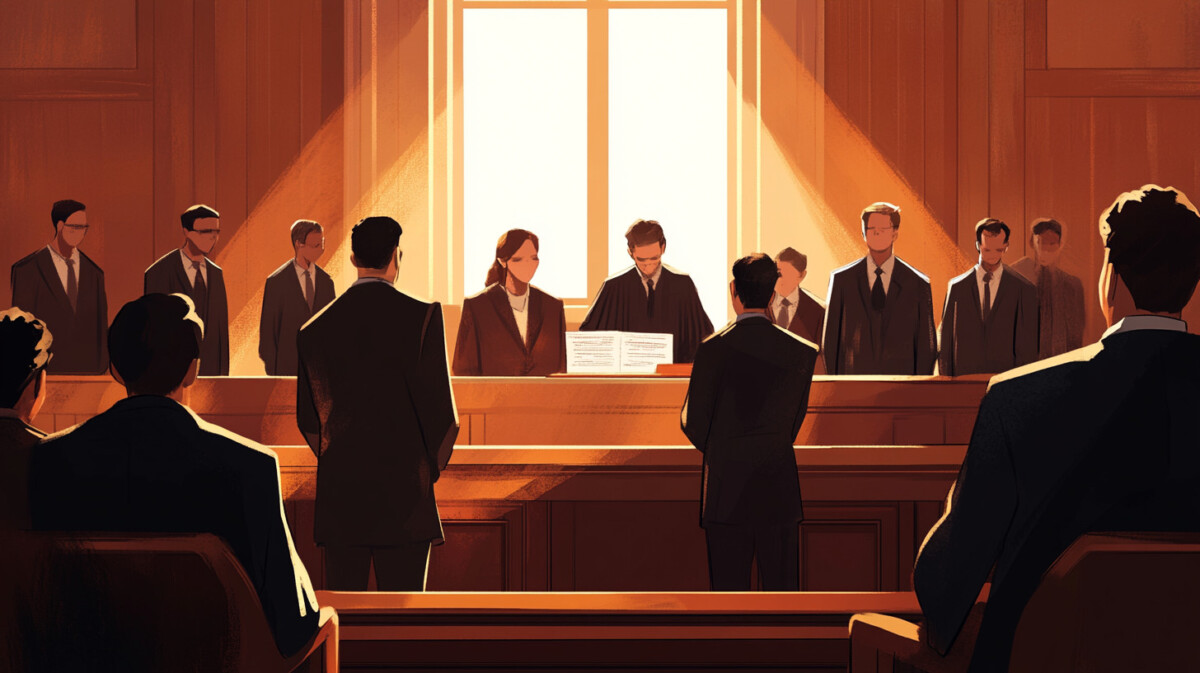 A courtroom scene showcasing attorneys and a judge discussing legal aspects of election betting contracts.