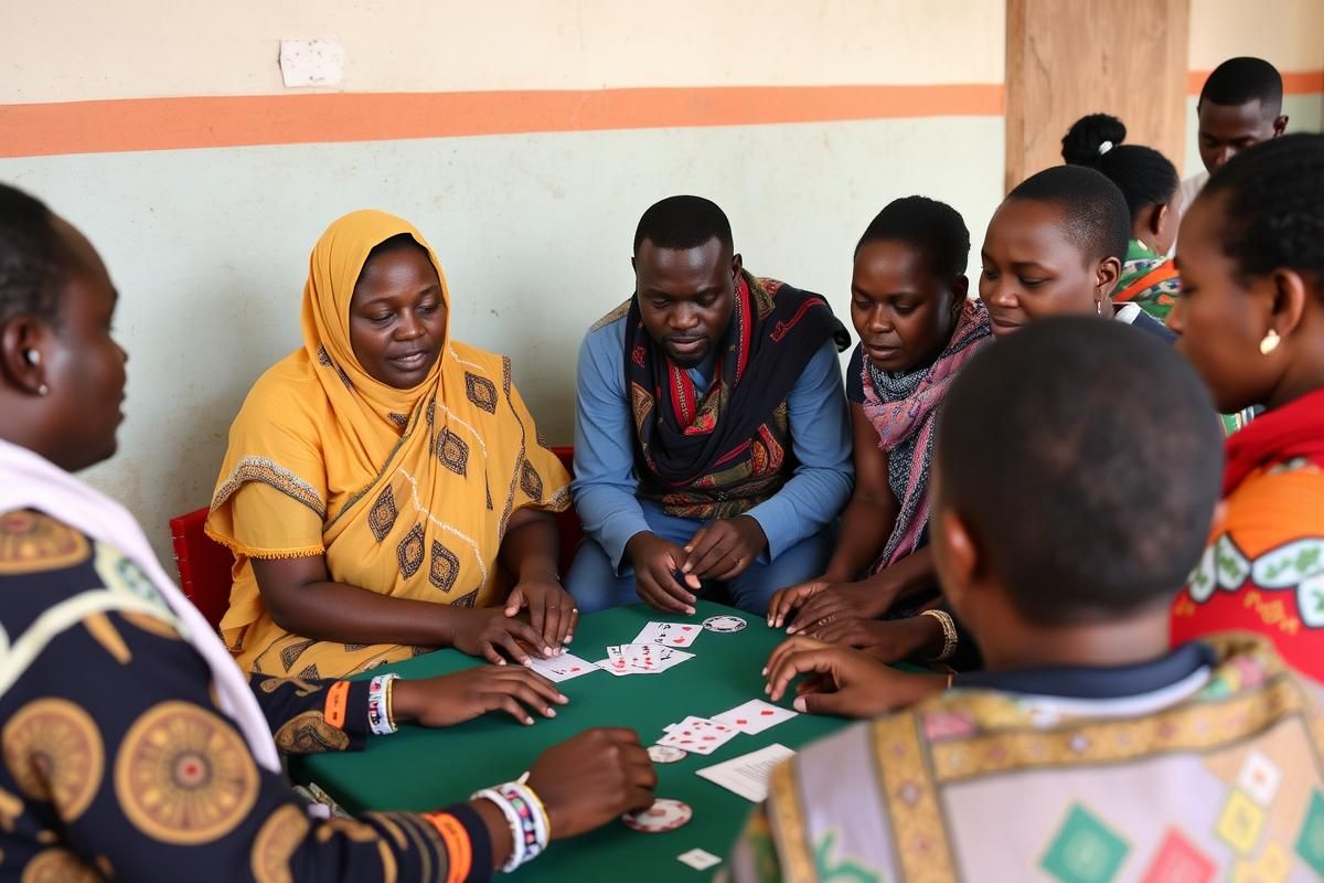 A diverse African community workshop discussing responsible gambling in a collaborative environment.
