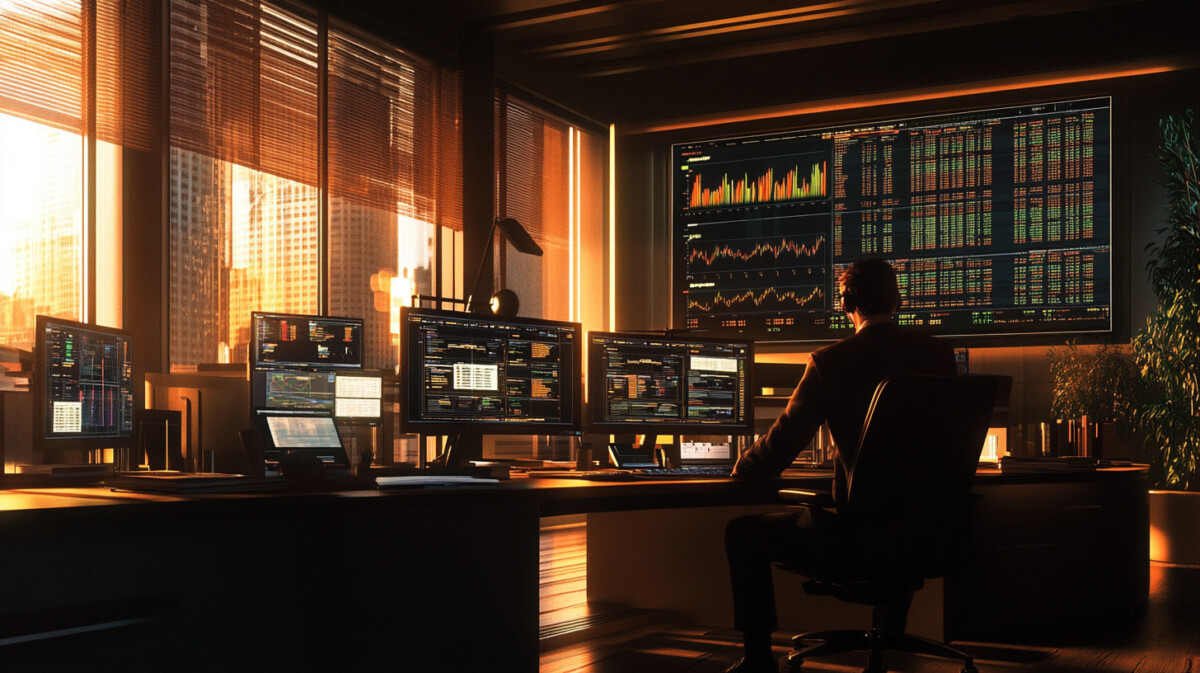 A financial trader analyzing election prediction contracts on a trading platform with multiple screens.