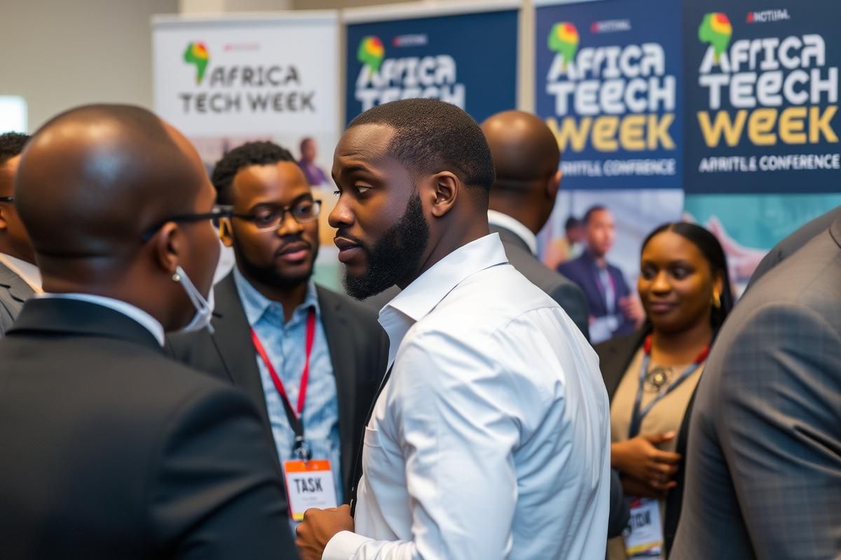 A group of professionals networking and sharing ideas at Africa Tech Week 2025, highlighting collaboration in the African tech ecosystem.