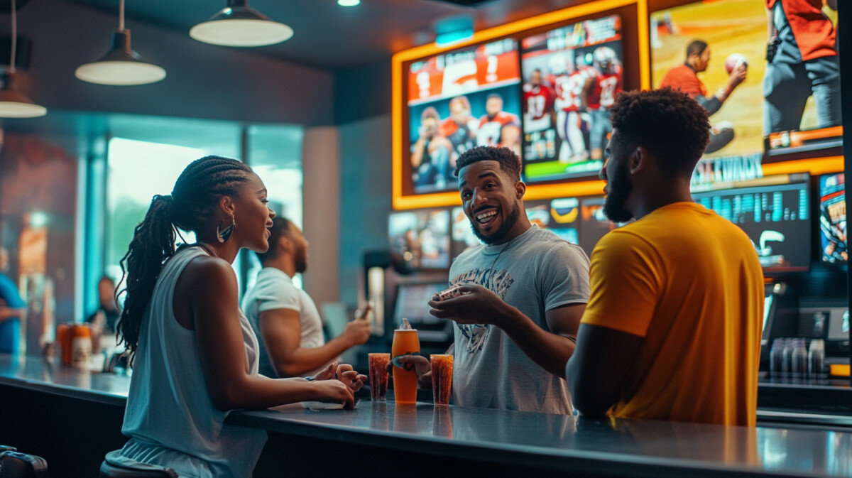 A retail sports betting location in Arizona, showing diverse patrons engaging with kiosks and counters in a vibrant, modern setting.