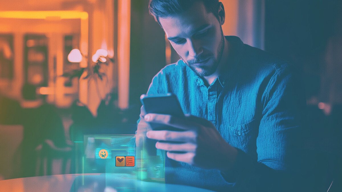 A smartphone screen showing a blocked illegal gambling site, held by an adult man in a home setting.