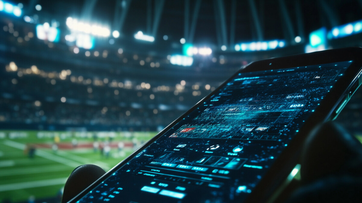A smartphone with a sports betting app showing a live high-stakes bet, photographed in front of a vibrant sports stadium.