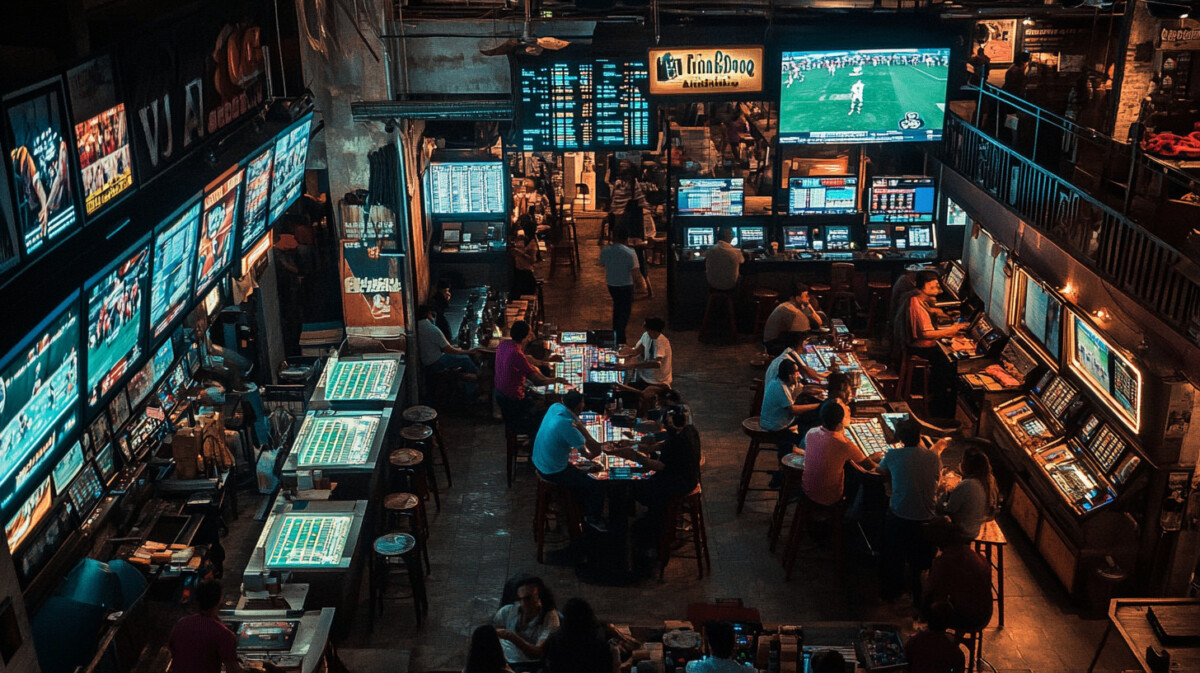 A sports betting venue in Latin America, showcasing regulated operations with digital betting boards and customers.