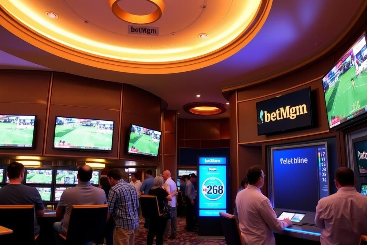 A sportsbook in a casino featuring patrons placing bets and flat-screen TVs displaying live sports, with modern betting kiosks.