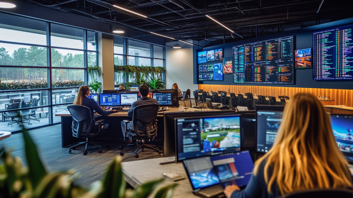 A sportsbook office in North Carolina with operators analyzing data and displaying sports betting odds on screens.
