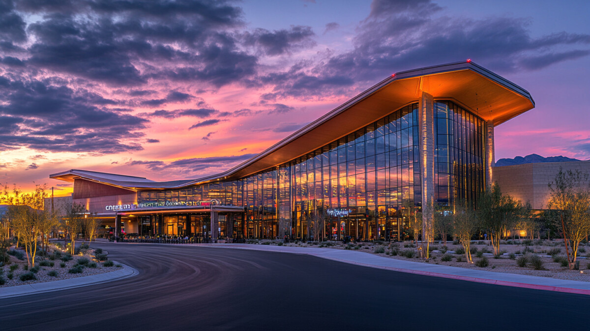 A vibrant evening view of a casino resort featuring a convention center, restaurants, and entertainment facilities in Japan.
