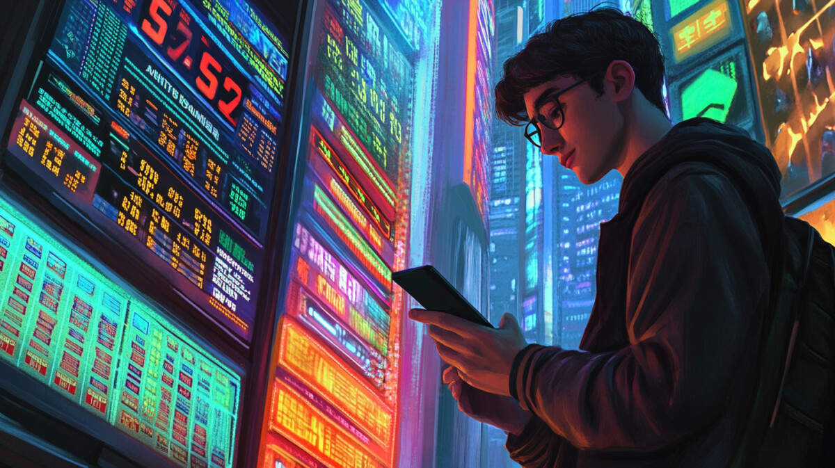 A young professional engaging with an iGaming platform on their smartphone in a lively Latin American city environment.