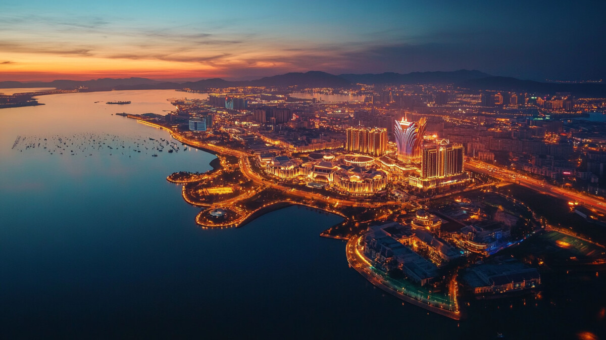 Aerial view of Macau's skyline highlighting luxury casino resorts and their illuminated reflections.