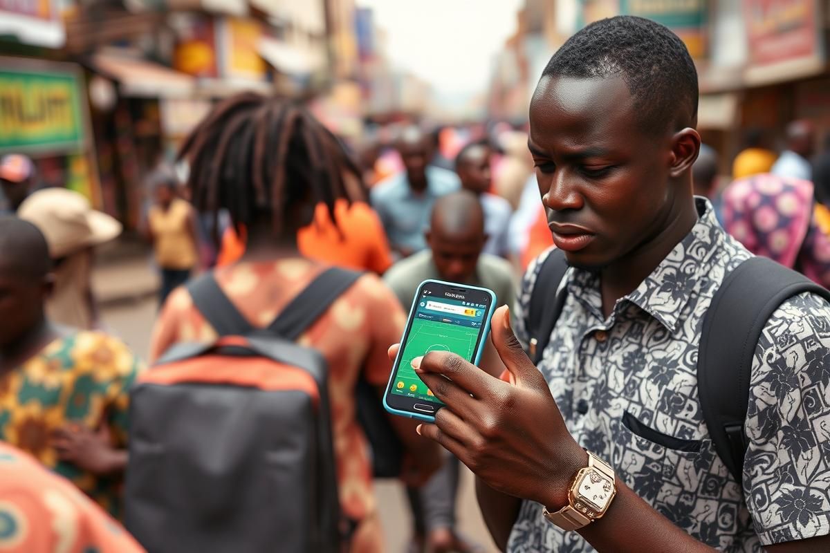 An African user engaging with a mobile gaming platform in a lively urban environment.