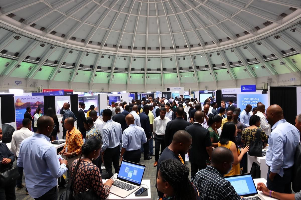 An indoor conference venue with diverse professionals engaged in blockchain workshops and networking activities.
