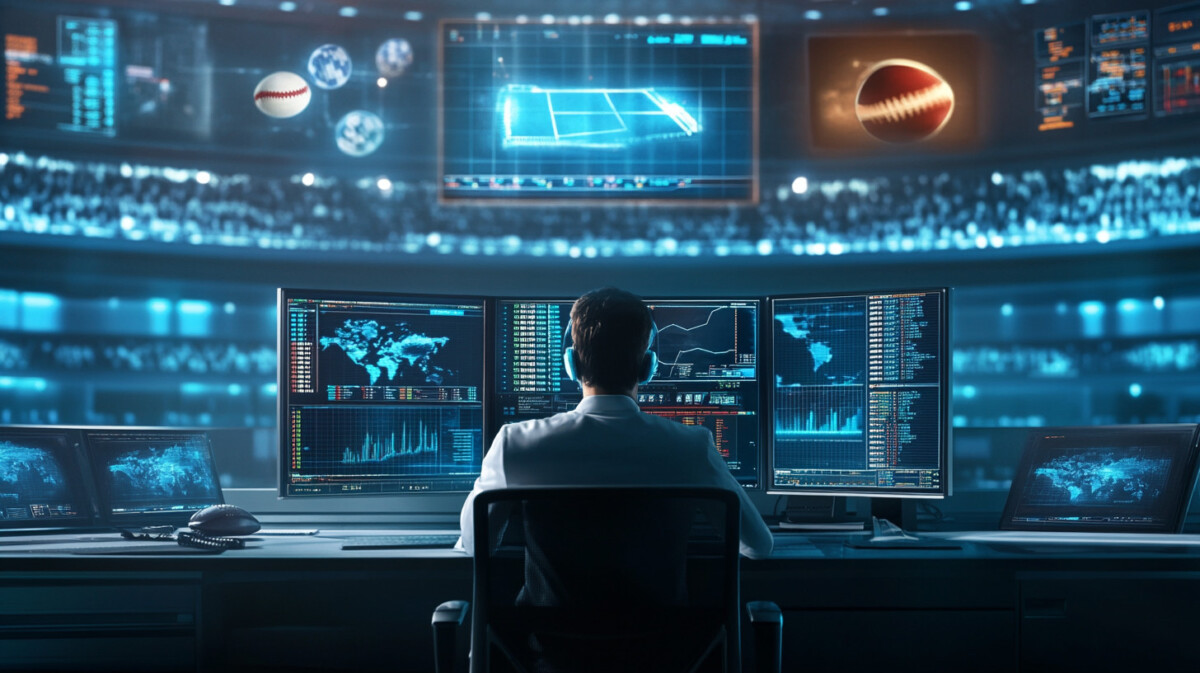 Analyst reviewing sports betting data and charts in a modern office.