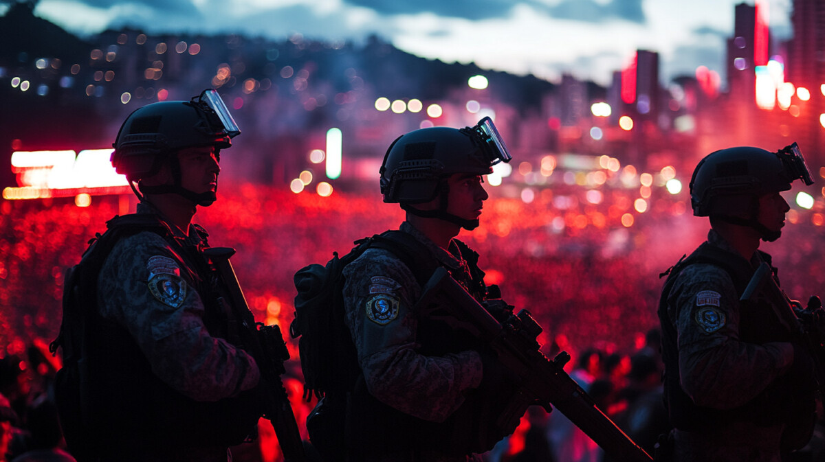 Anti-terrorism operation in Brazil during a large concert with law enforcement and a busy crowd.