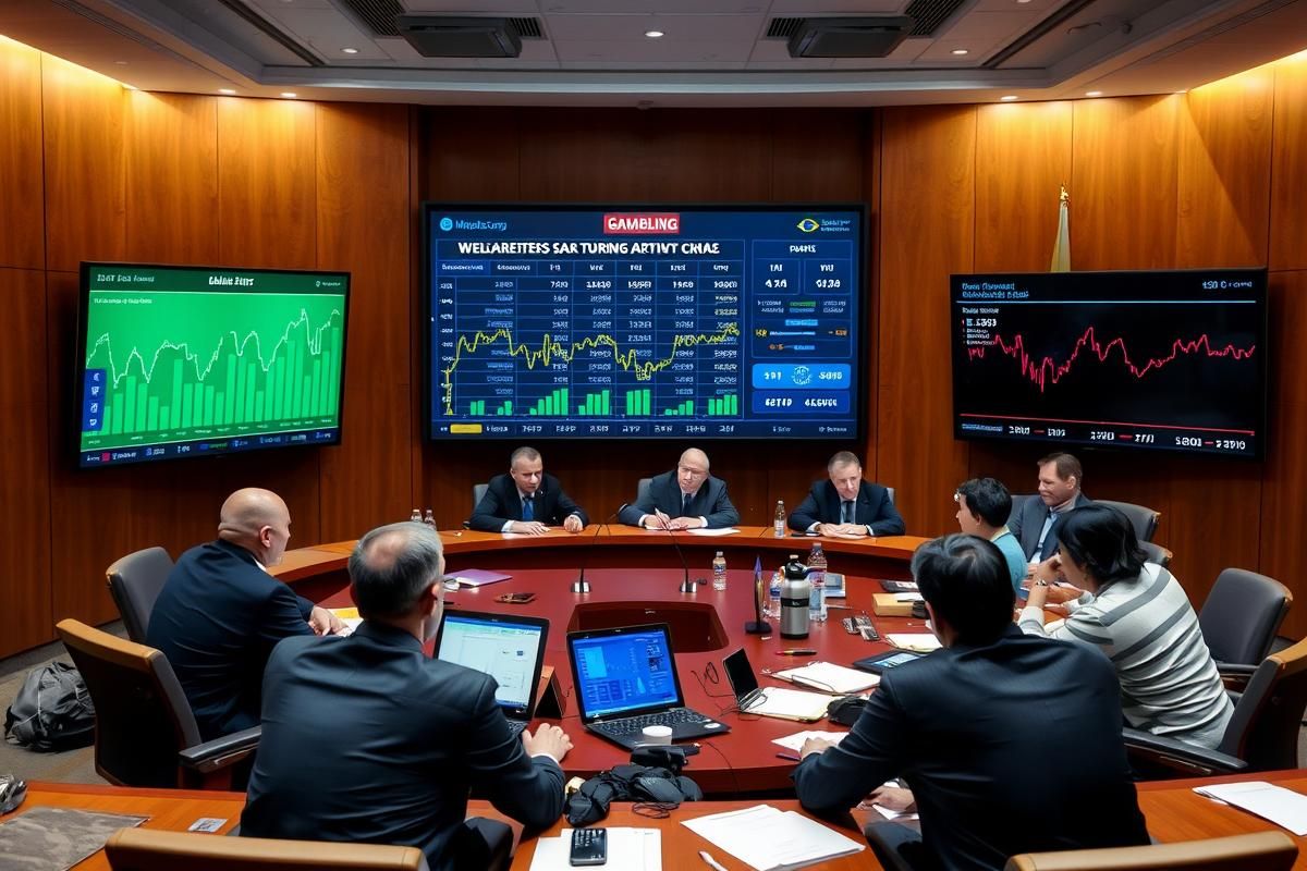 Brazilian government officials in a meeting discussing welfare-related financial data displayed on large screens.