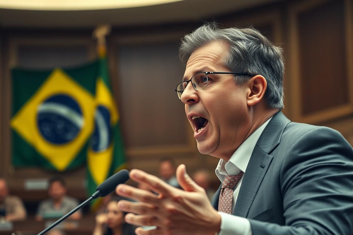 Brazilian senator speaking in a legislative chamber about betting regulation with the national flag in the background.