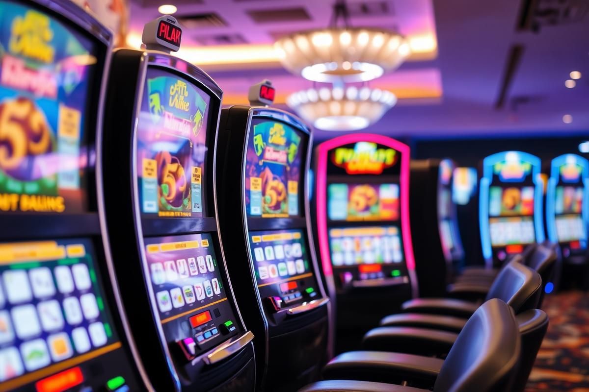 Brightly lit electronic pull-tab gaming machines in a professional gaming facility.