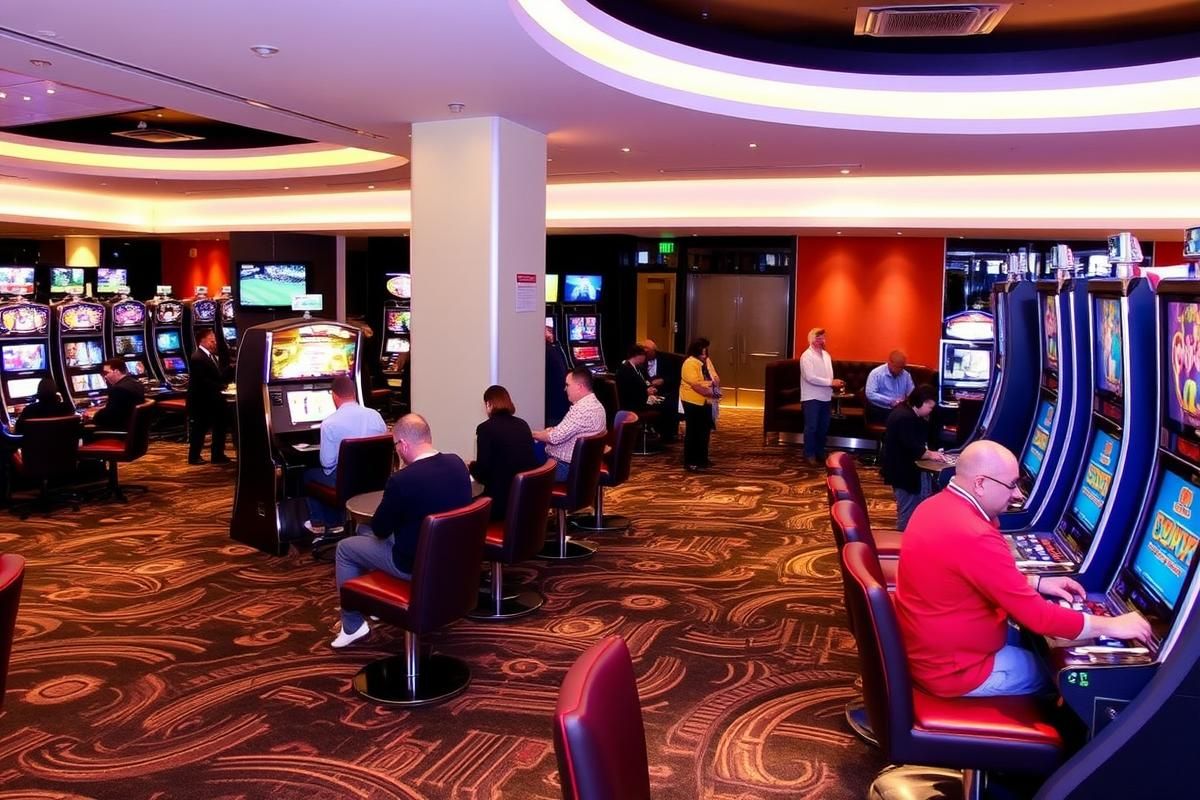 Casino lounge featuring new gaming machines and sports betting screens.