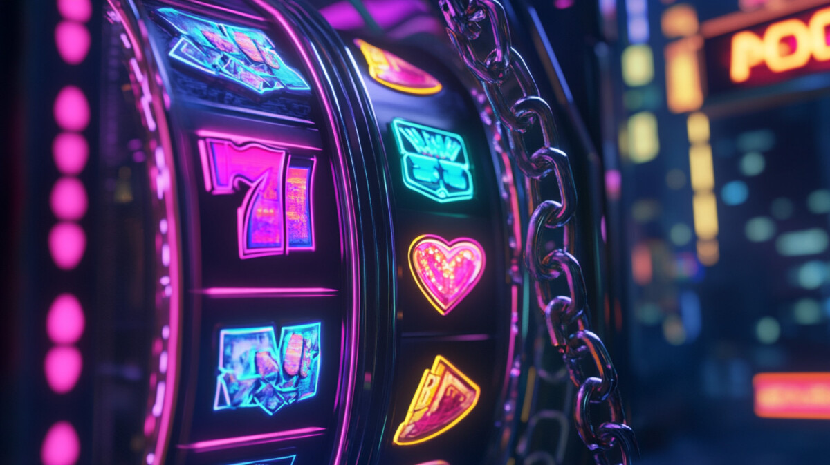 Close-up of a slot machine featuring gang-themed icons and a city skyline in the background, emphasizing the game's unique visuals.