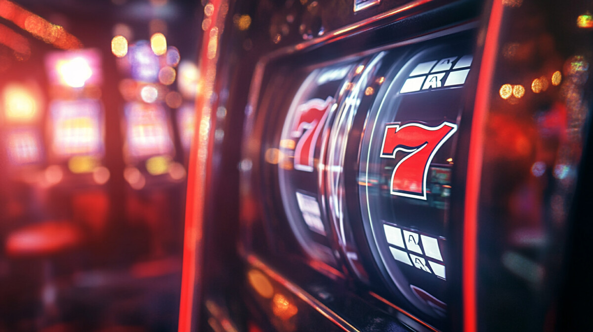 Close-up of a slot machine spinning reels in a casino environment, showing action during gameplay.