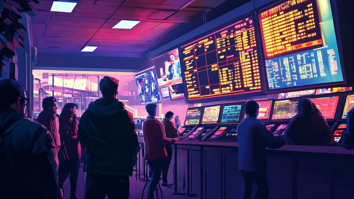 Customers placing bets in a modern sportsbook with screens displaying live sports and odds.