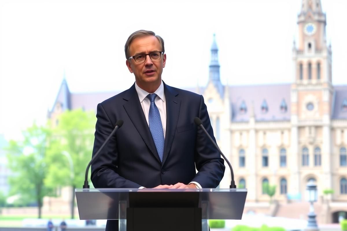 Dutch government official delivering an announcement about Nederlandse Loterij and Holland Casino in a formal setting.