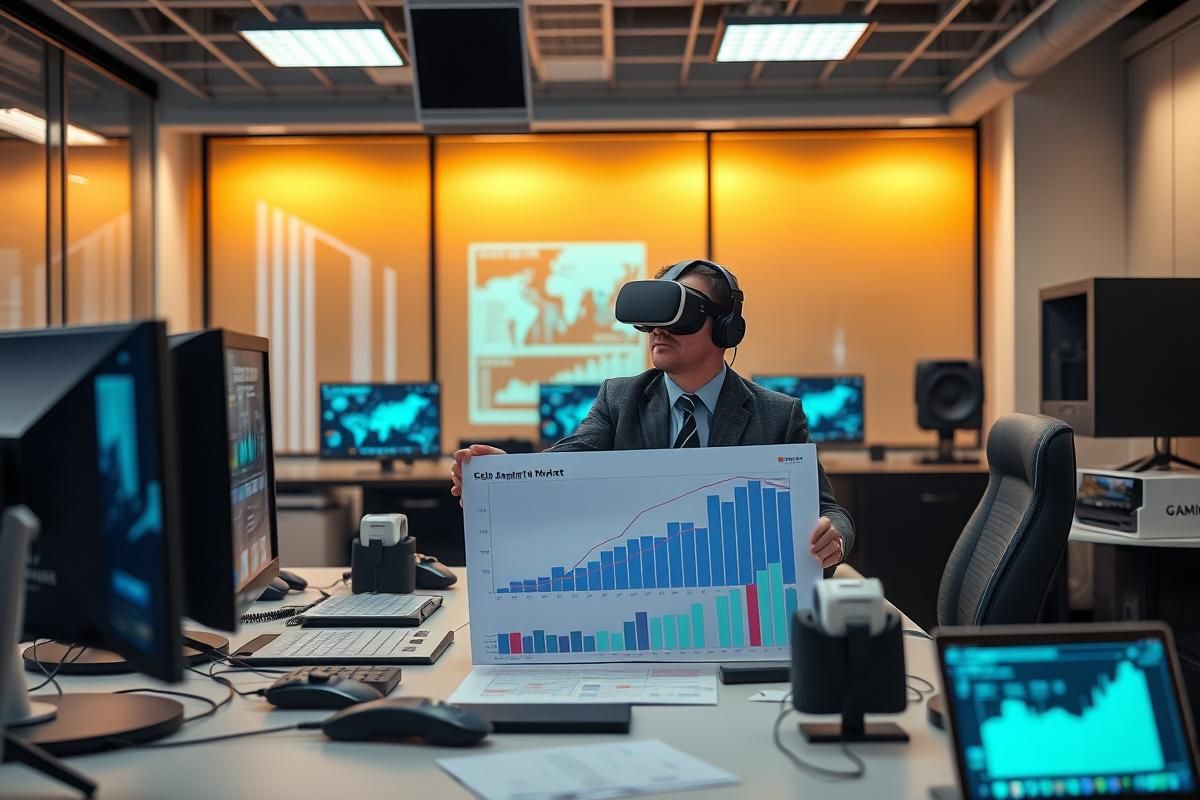 Executives in a gaming technology office discussing global growth charts.
