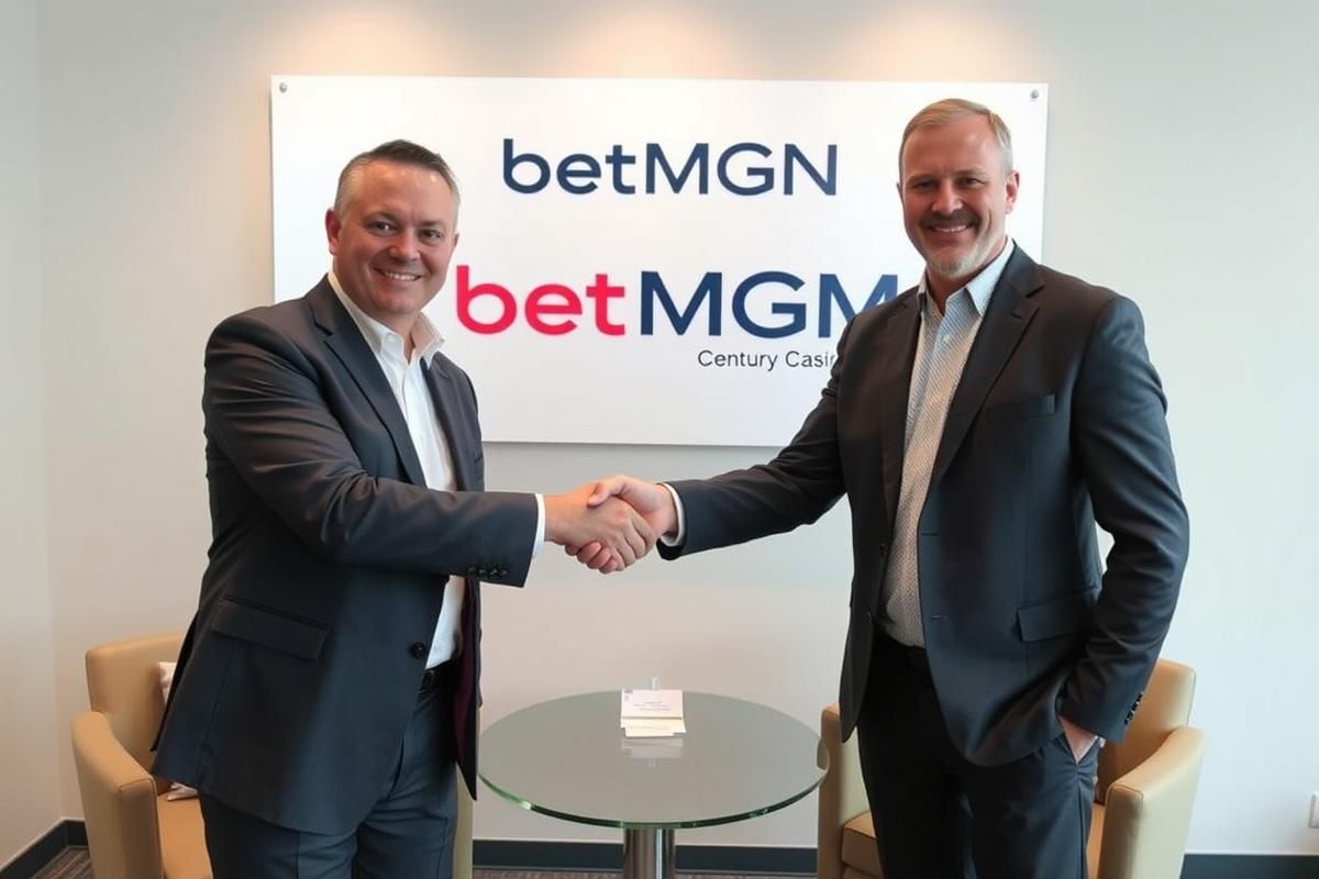 Executives of BetMGM and Century Casinos shaking hands in a partnership announcement for Missouri sports betting.