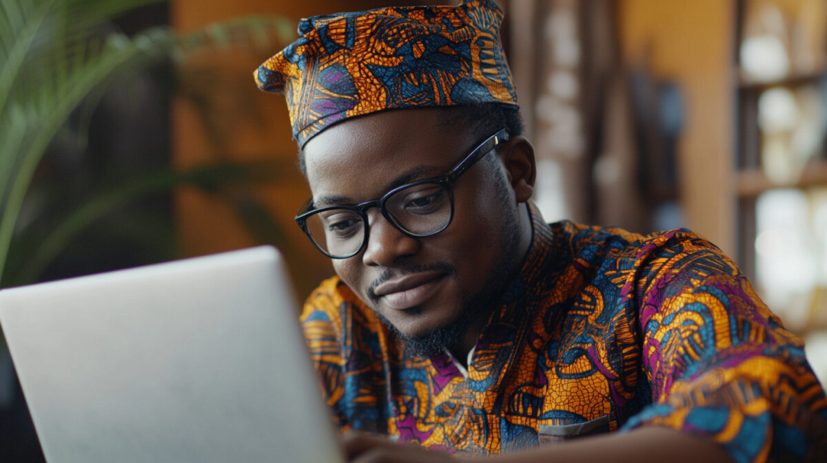 Gaming operator in a Nigerian office applying for the Universal Reciprocity Certificate on a laptop.