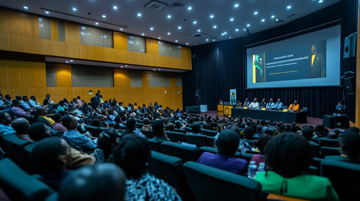 Government officials and industry leaders in a Nigerian conference hall signing the Universal Reciprocity Licensing Agreement.