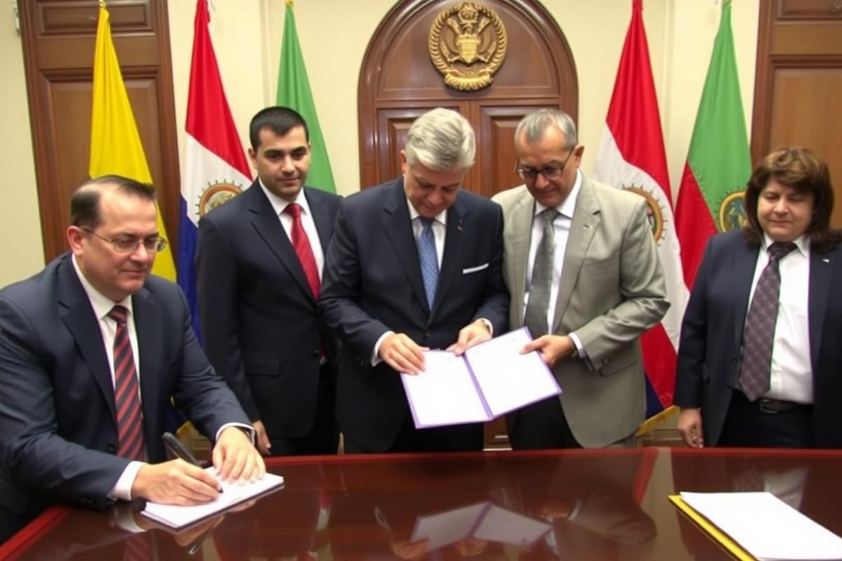 Government officials in Paraguay signing a historic gambling reform document with flags in the background.