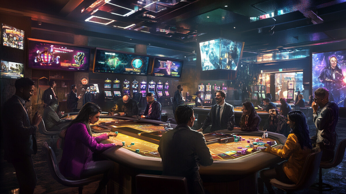Industry professionals collaborating on responsible gambling campaigns with digital screens displaying safer gambling tools.