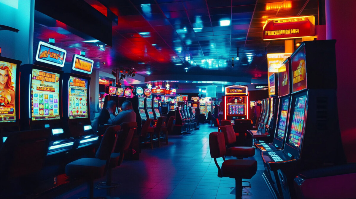 Interior of a modern casino with rows of slot machines and players, highlighting charitable gaming in New Hampshire.