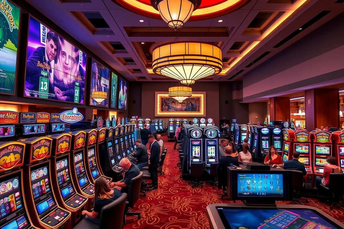 Interior of a modern-day casino with patrons and rows of gaming machines under bright lighting.