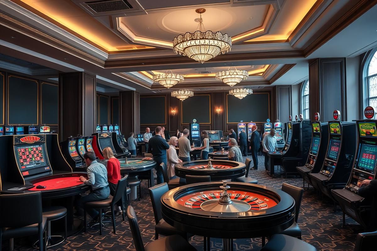 Interior of a traditional Dutch casino featuring roulette tables and slot machines with a serene atmosphere.