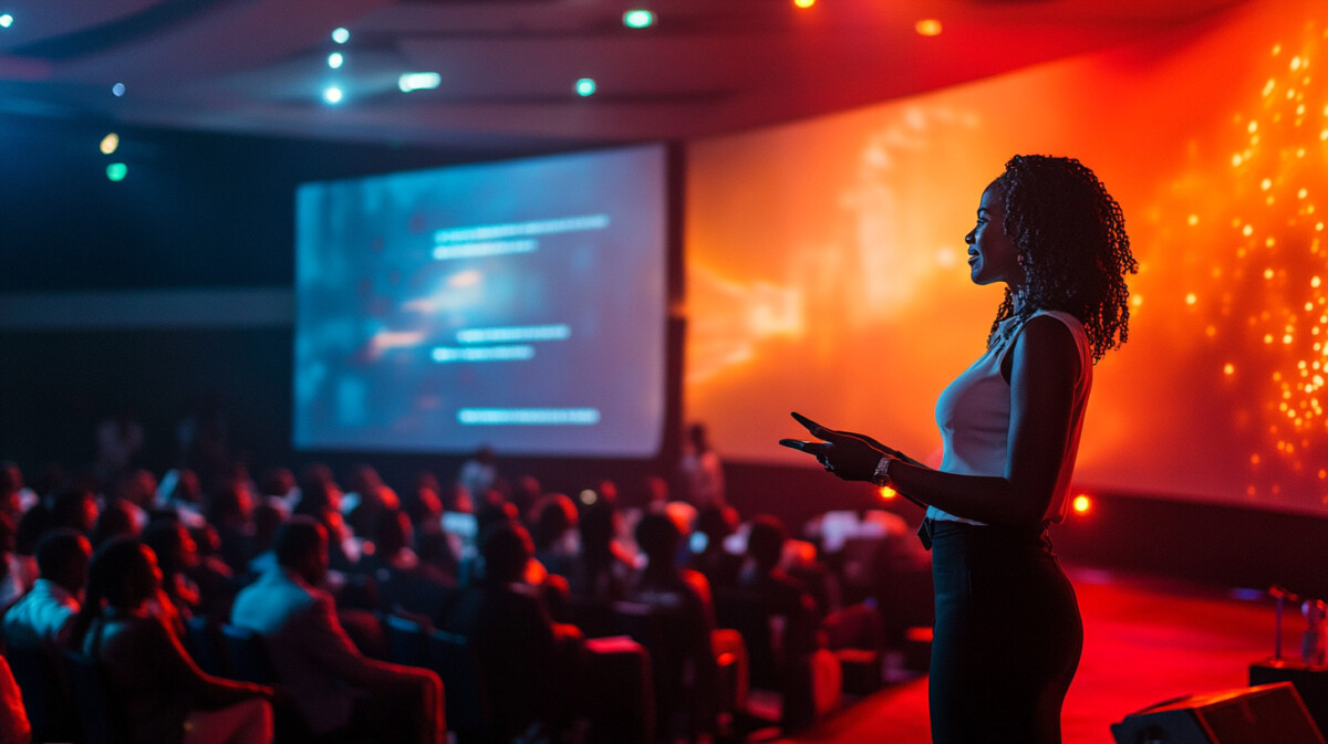 Lois Bright speaking at a conference in Africa about empowering women in gaming.