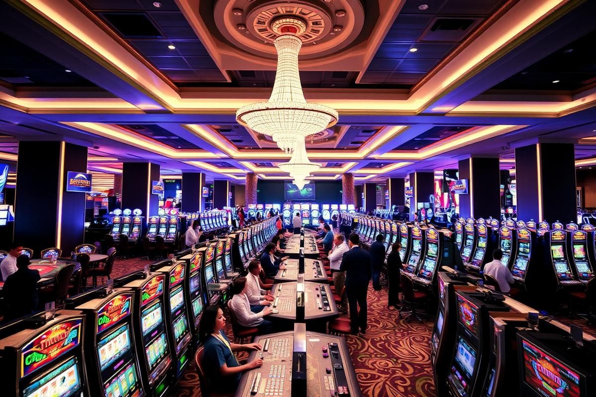 Modern casino interior in Paraguay featuring visitors playing table games and slot machines.