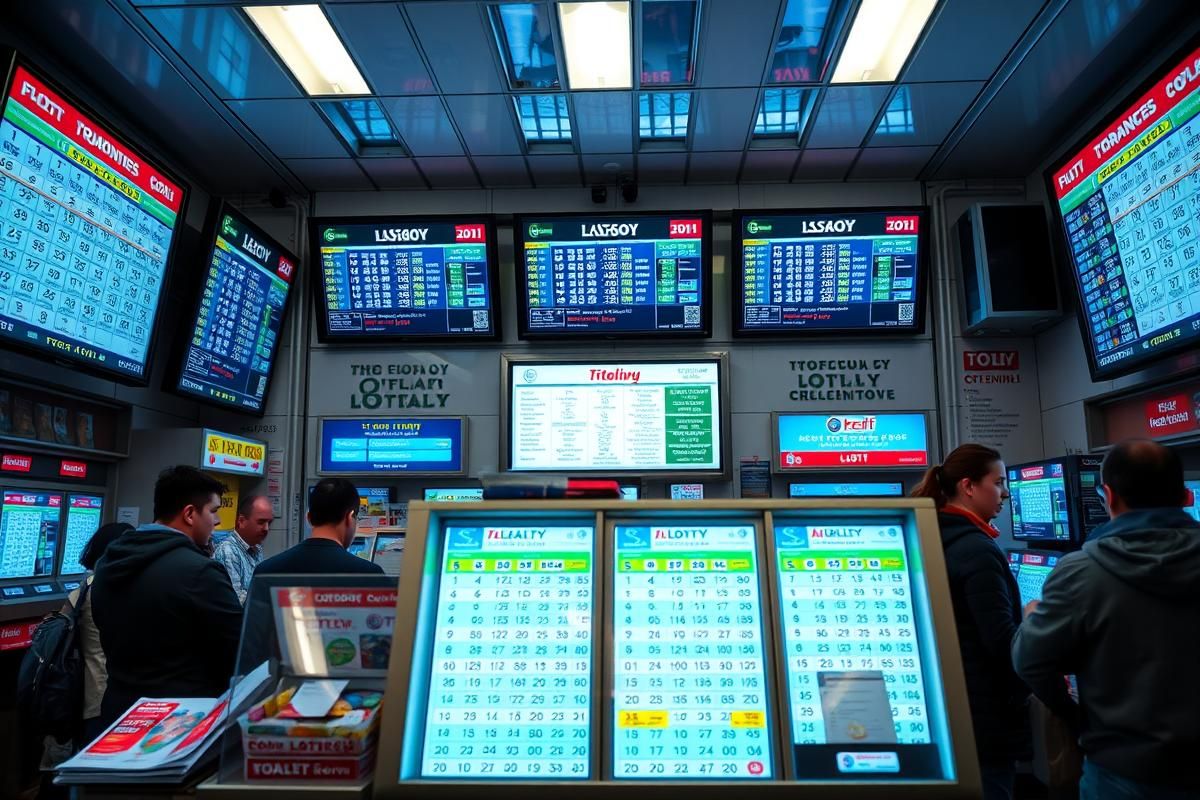 Modern Italian lottery station with digital screens and vibrant customer activity, showcasing innovation and engagement.