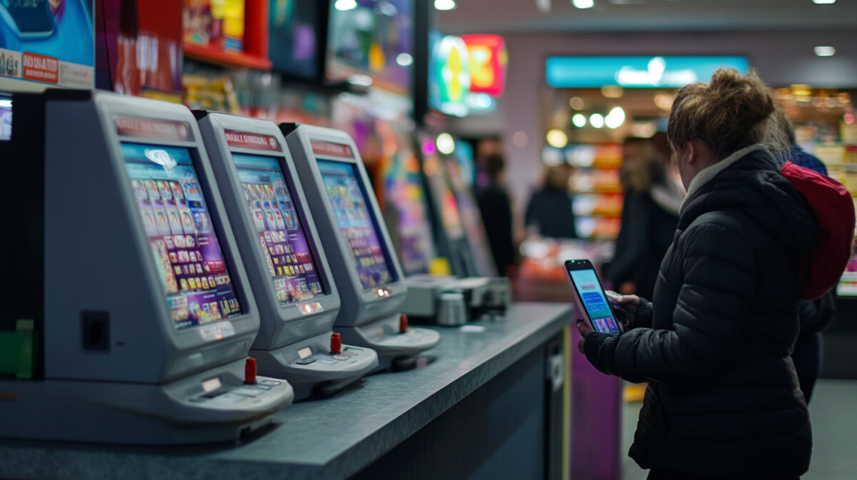 National Lottery kiosk inside a UK retail store showing outdated equipment and customer activity.