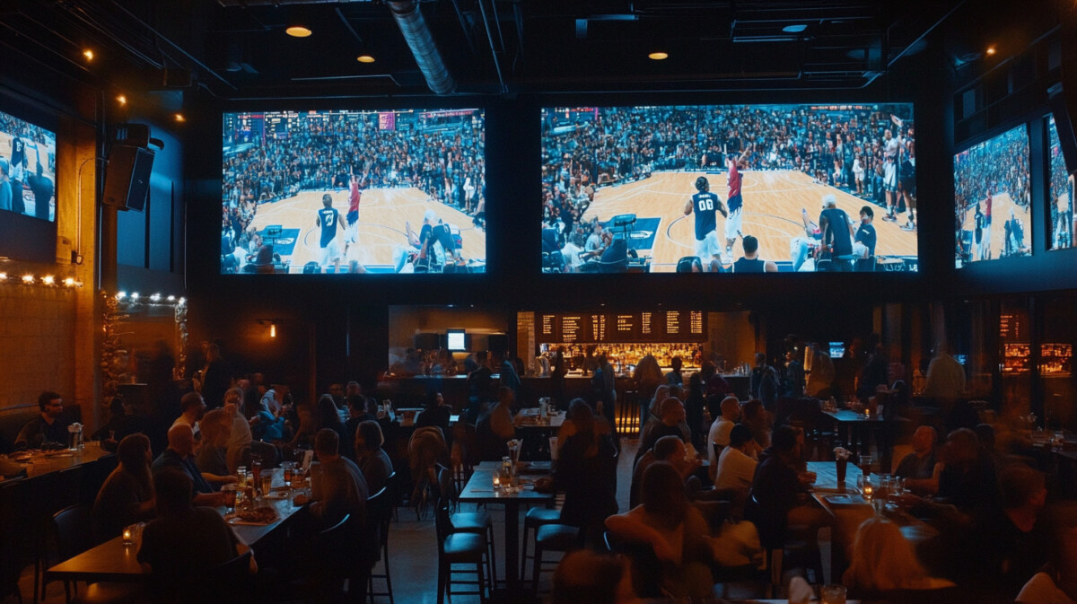 NBA playoffs displayed on screens in a lively North Carolina sports bar with cheering fans and a modern interior.