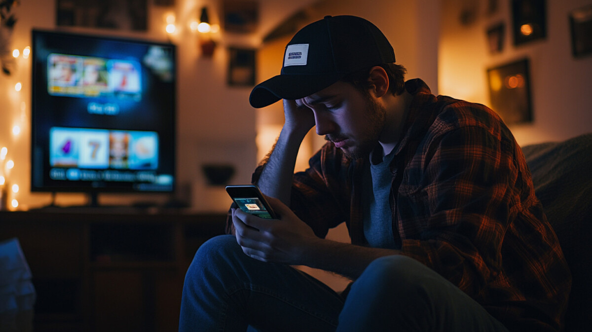 Person holding a phone displaying gambling ads, illustrating frustration with self-exclusion breach issues.