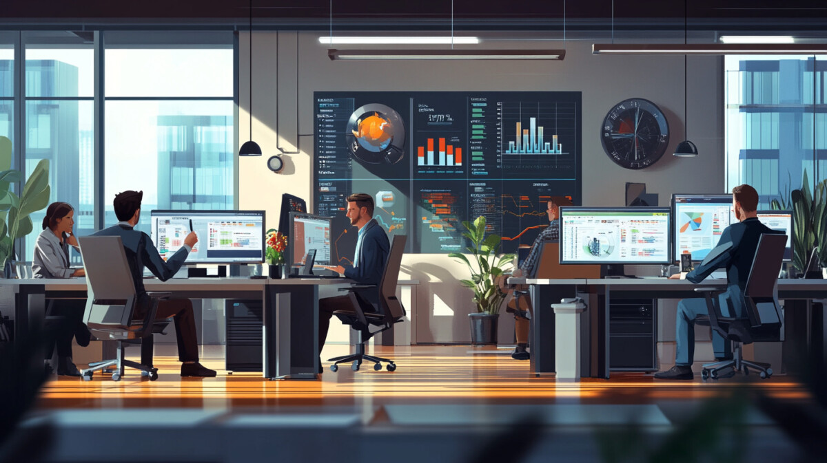 Professionals analyzing revenue data in a modern office representing DraftKings' financial performance in Q1 2025.