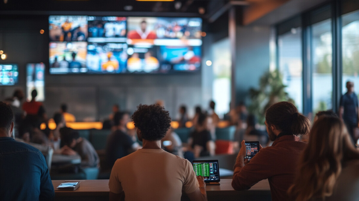 Sports enthusiasts in a modern bar in Arizona watching live games while using mobile sports betting apps.