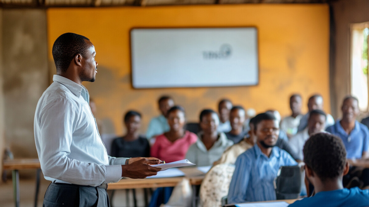 Zambian workshop with adults learning business skills under 1xBet's initiative.