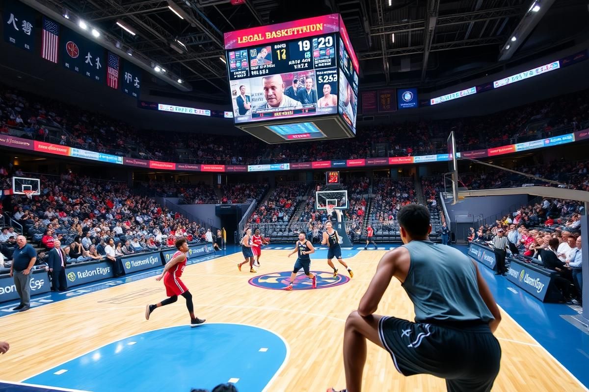 A basketball game in action at an indoor stadium, with a vibrant audience and dynamic gameplay.