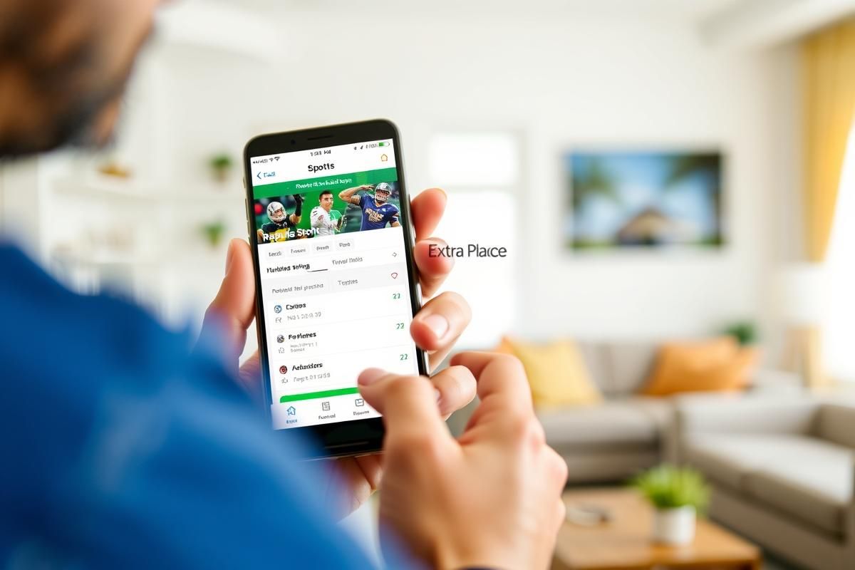 A bettor uses a smartphone to analyze sports betting promotions with extra place terms highlighted on a betting app.