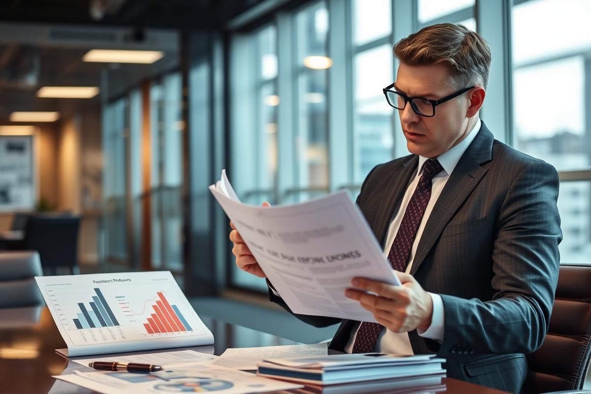 A business professional in an office setting discussing gambling industry reforms, surrounded by legal documents and data charts.