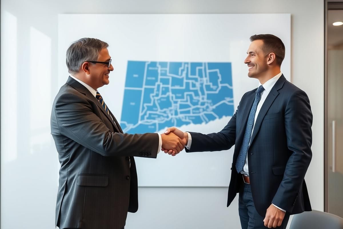 A compliance officer shaking hands with a business professional in front of the Connecticut state map, symbolizing iGaming settlement.