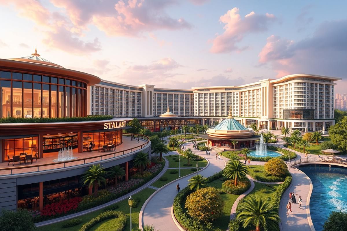 A conceptual illustration of a luxury integrated casino resort in Thailand with modern amenities and tourist appeal.